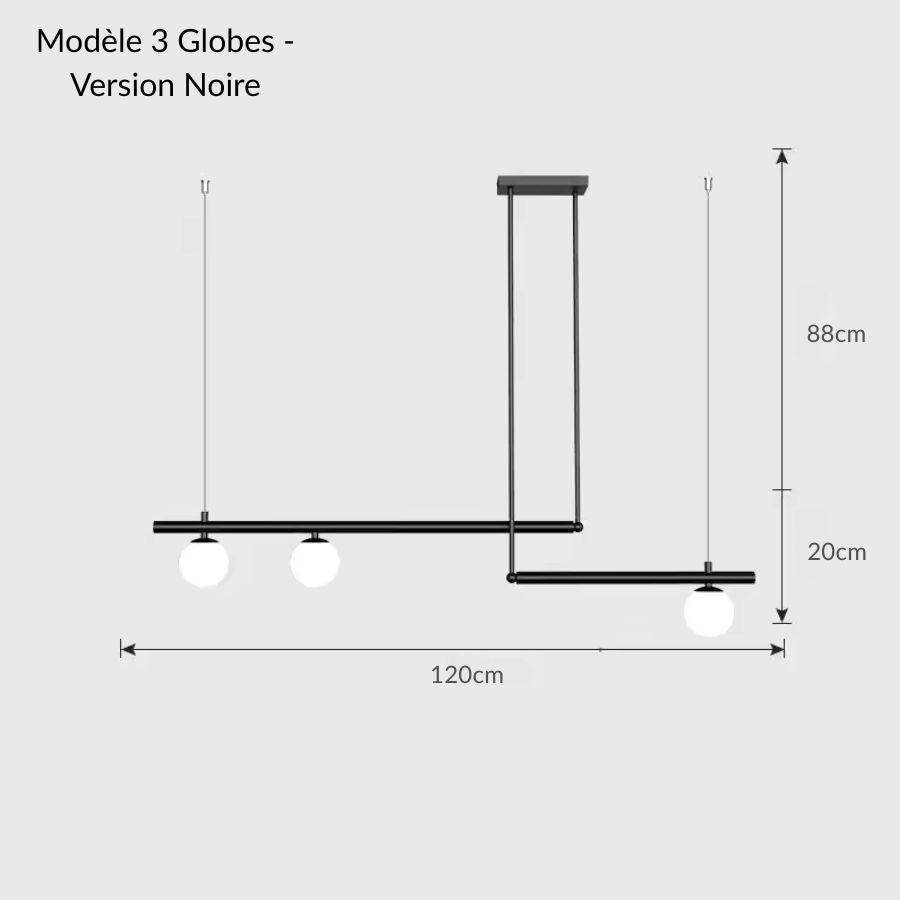 Schéma du lustre géométrique noir à lignes décalées avec 3 globes opalins, style moderne minimaliste