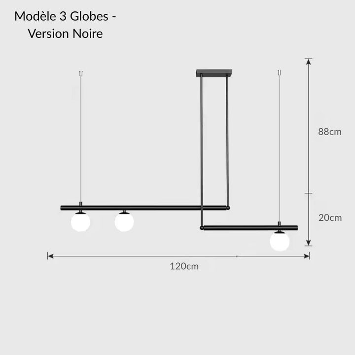 Schéma du lustre géométrique noir à lignes décalées avec 3 globes opalins, style moderne minimaliste