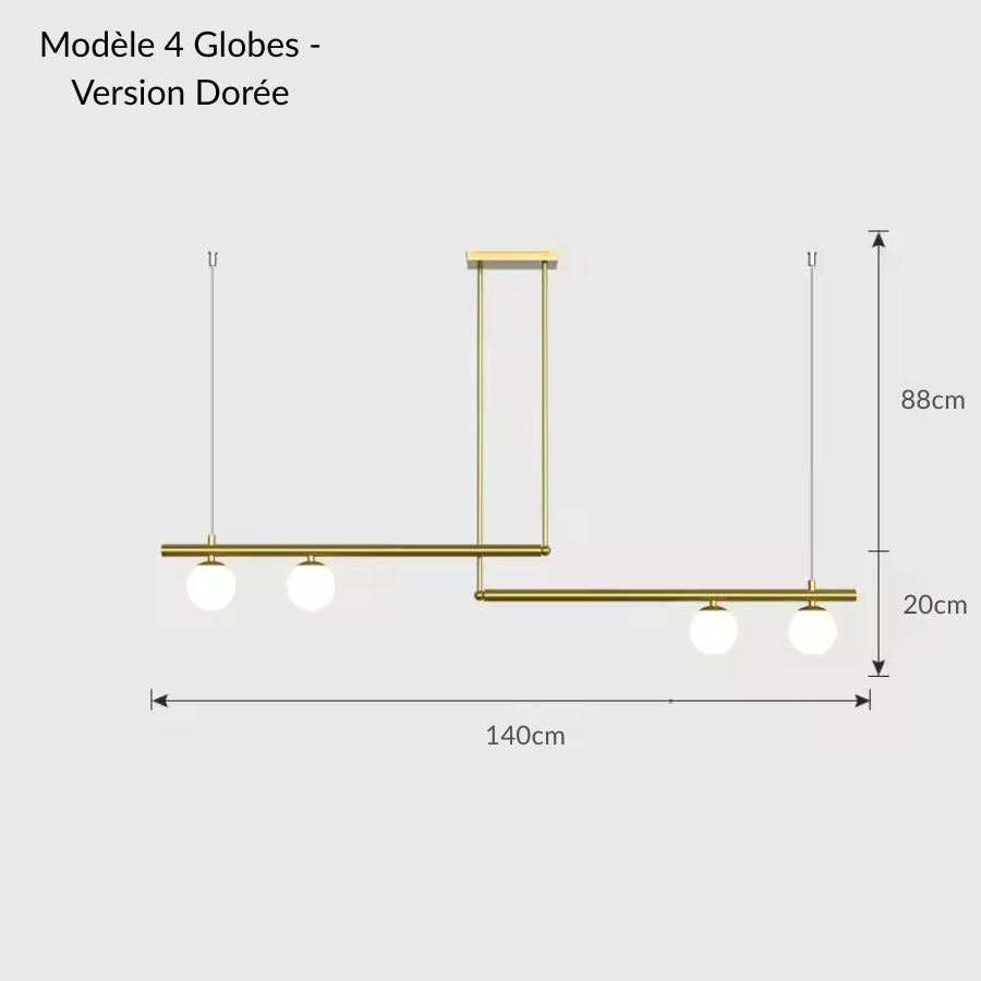 Version dorée 4 globes du lustre géométrique à lignes décalées, design opalin raffiné