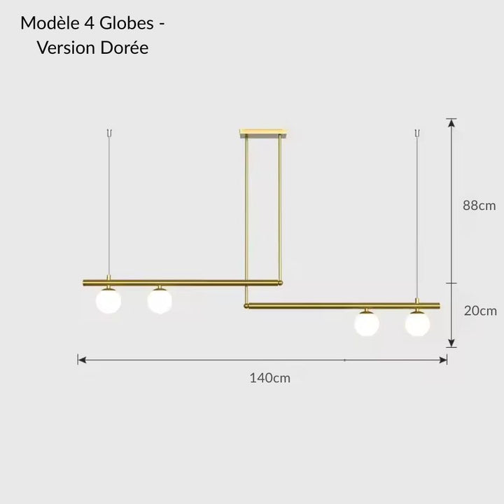 Version dorée 4 globes du lustre géométrique à lignes décalées, design opalin raffiné