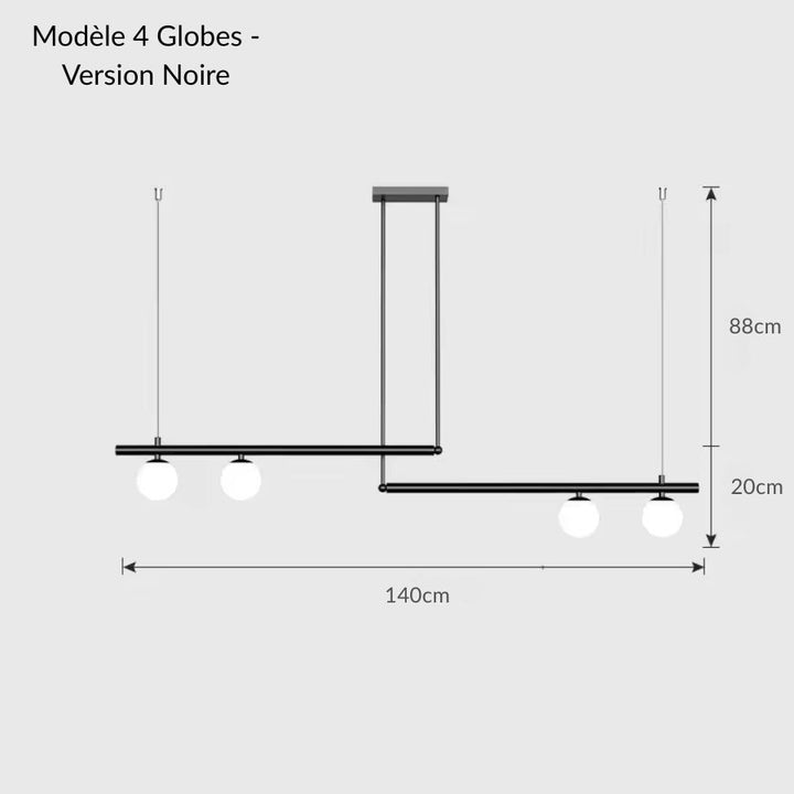 Vue dimensions du luminaire noir à lignes décalées et 4 globes opalins, esprit contemporain graphique