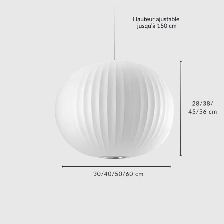 Dimensions de la suspension globe en soie blanche plissée, disponible de 30 à 60 cm avec câble ajustable jusqu’à 150 cm