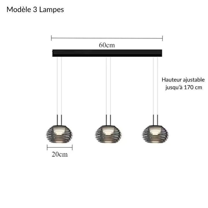 Suspension 3 lampes à globes striés en verre fumé, alignés sur une barre noire au design contemporain