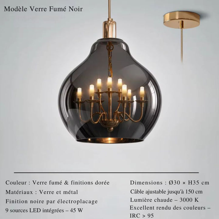 Suspension globe en verre fumé noir avec lustre doré intérieur à 9 lumières, au style chic et contemporain