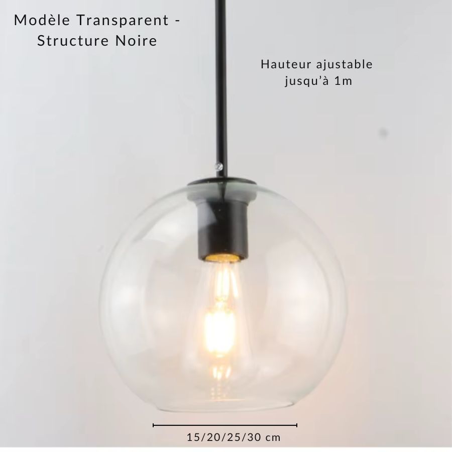 Suspension globe en verre transparent avec structure noire et ampoule apparente, disponible en quatre tailles