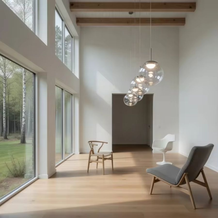 Suspension de globes en verre irisé dans un séjour à grande hauteur, au style minimaliste, aérien et contemporain