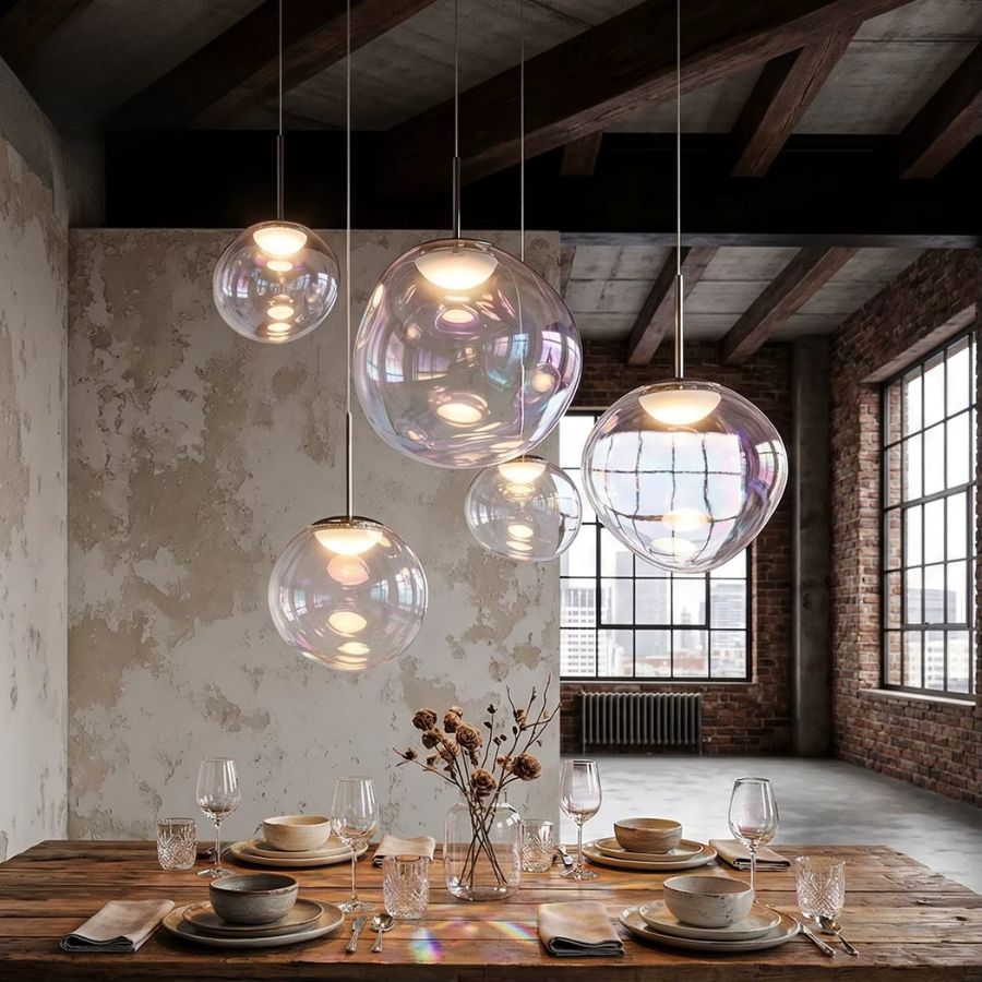 Suspension de globes en verre irisé au-dessus d’une table, dans une salle à manger au style loft industriel et chaleureux