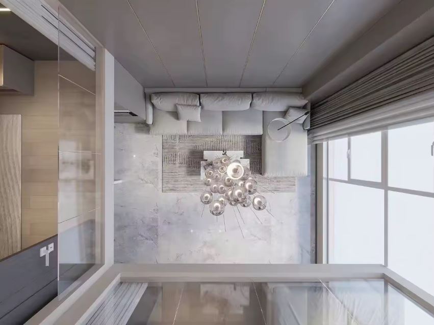 Vue zénithale d’une suspension à globes en verre formant une composition graphique, éclairage design pour intérieur contemporain.