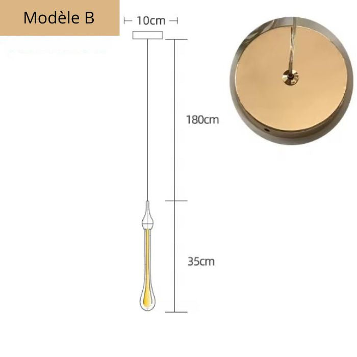 Schéma du modèle B de la suspension goutte dorée avec dimensions : hauteur totale ajustable jusqu’à 180 cm, éclairage LED intégré.