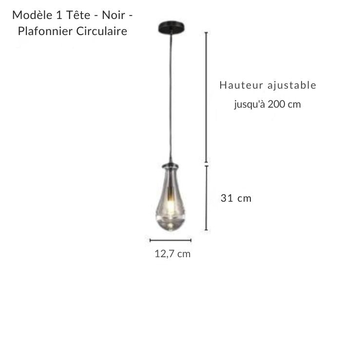 Suspension goutte d'eau avec structure noire, design épuré en verre et métal pour un intérieur minimaliste.