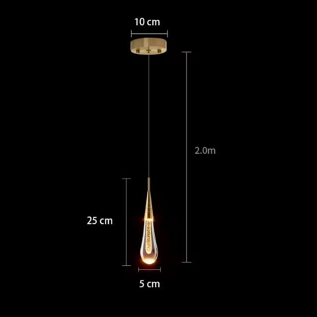 Schéma des dimensions de la suspension goutte d'eau en verre, avec hauteur réglable et design compact.