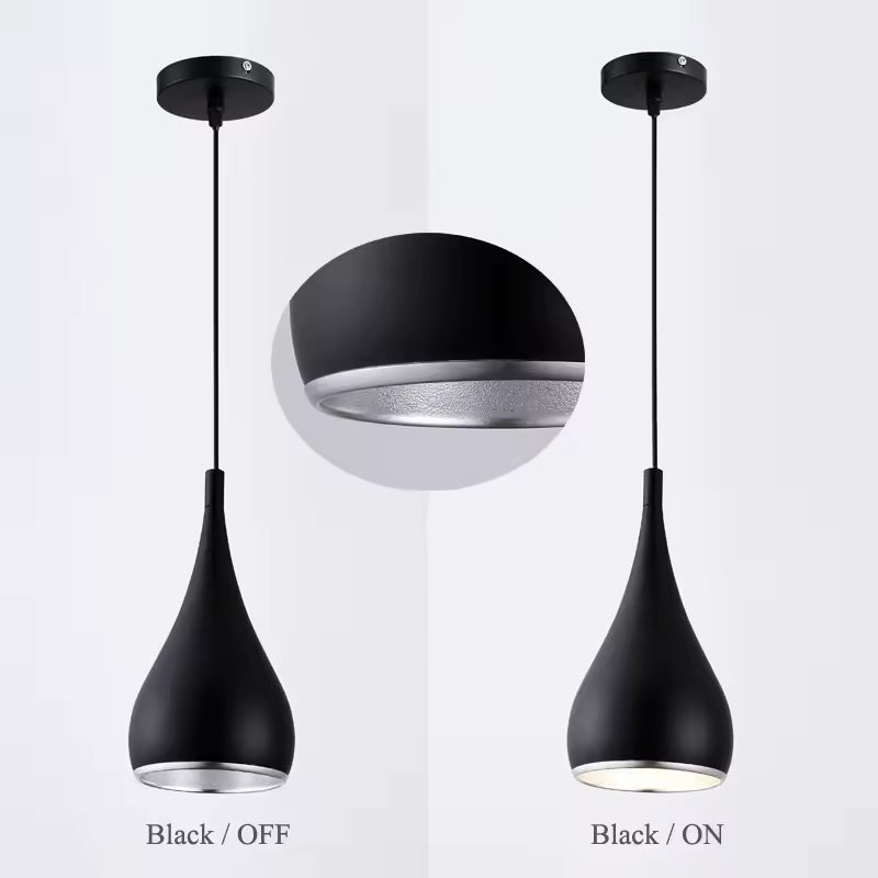 Version noire de la suspension goutte en métal, montrée allumée et éteinte avec son diffuseur au design minimaliste