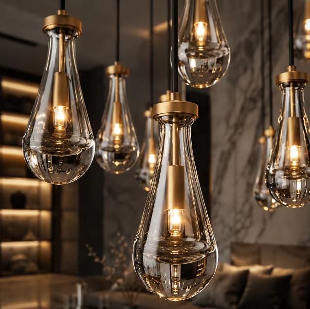 Suspension goutte en verre transparent avec finition laiton au design sculpté d'inspiration contemporaine et élégante