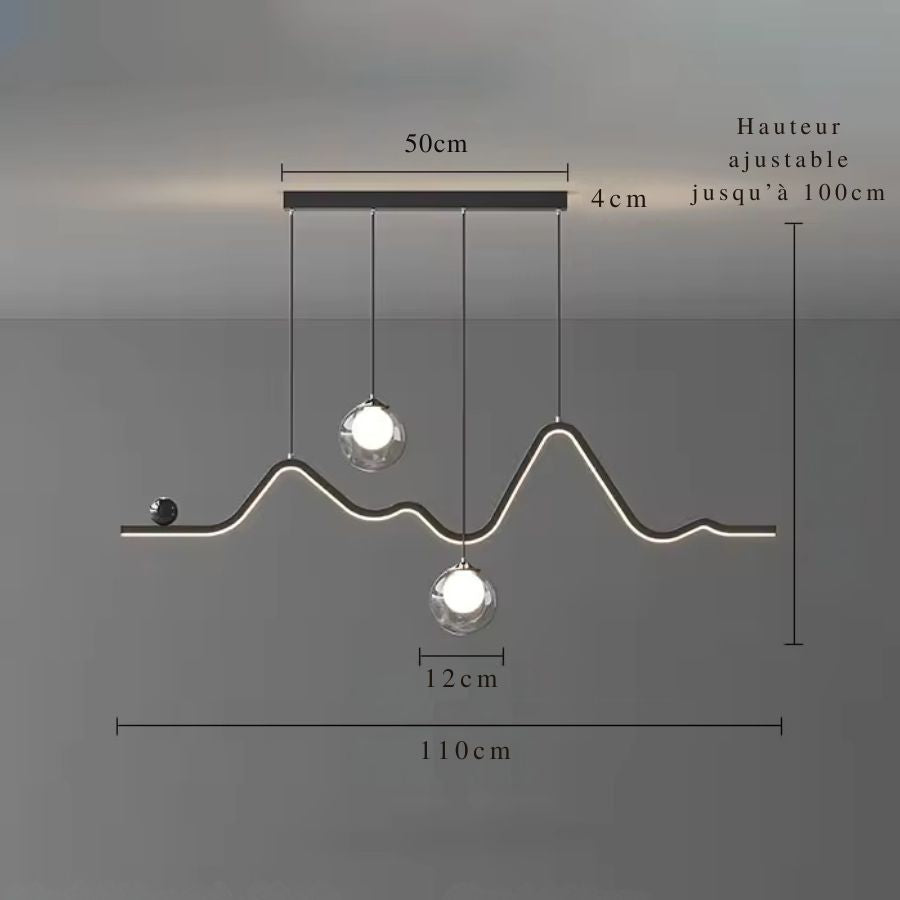 Dimensions de la suspension design à ligne LED ondulée de 110 cm, avec deux globes en verre et hauteur réglable jusqu'à 100 cm.
