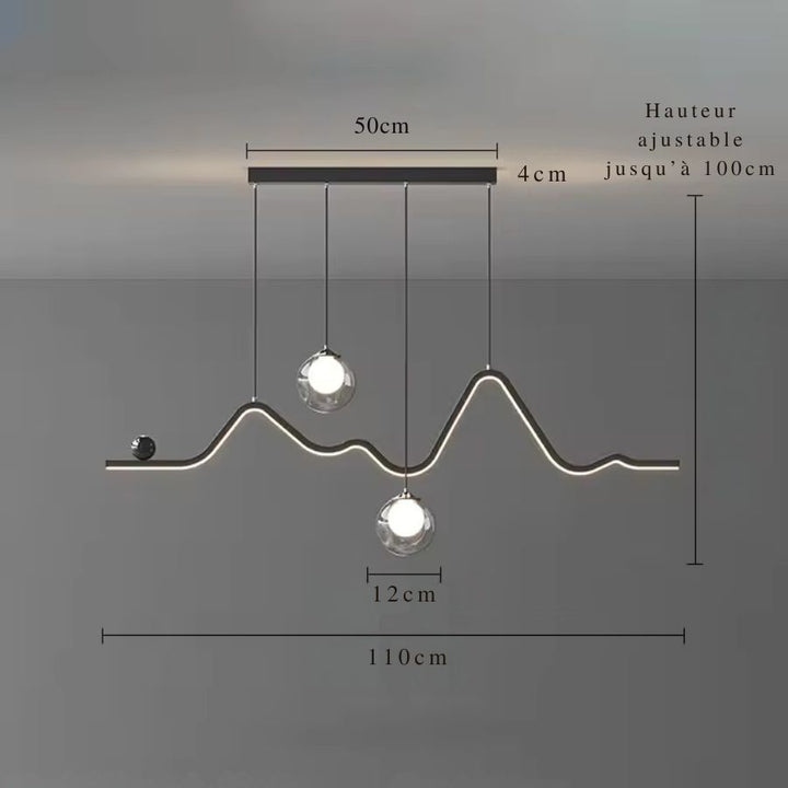 Dimensions de la suspension design à ligne LED ondulée de 110 cm, avec deux globes en verre et hauteur réglable jusqu'à 100 cm.