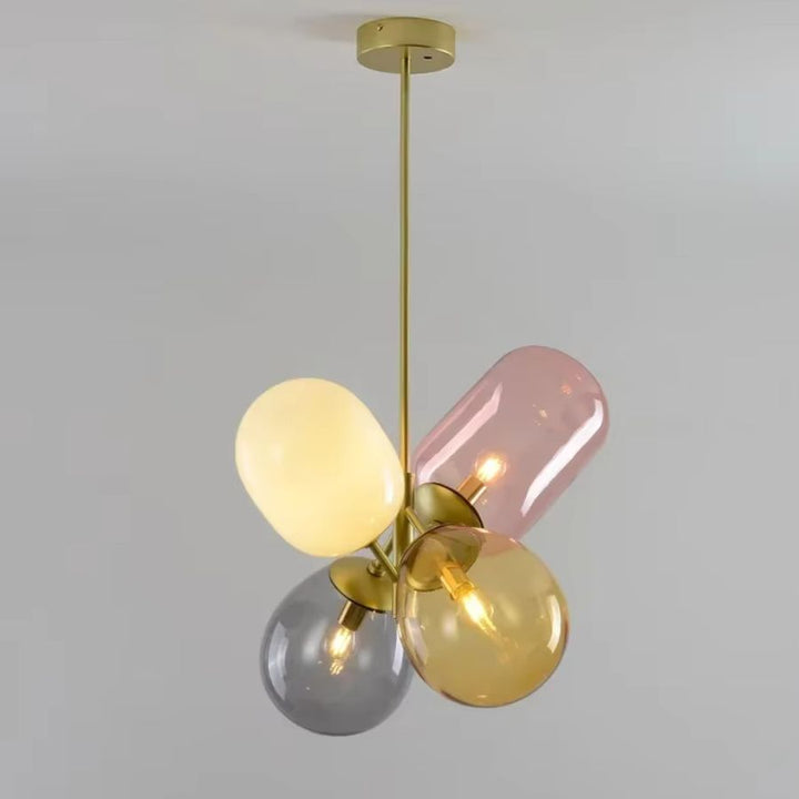 Suspension rétro en grappe de verre coloré rose, ambre, fumé et opalin au design vintage sculptural