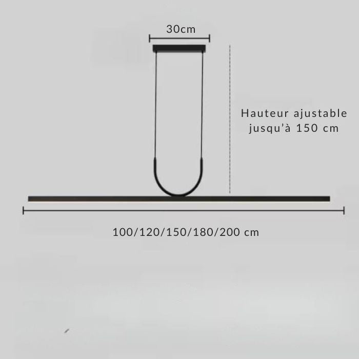 Dimensions de la suspension horizontale noire avec hauteur ajustable jusqu’à 150 cm, disponible en 5 longueurs de 100 à 200 cm.