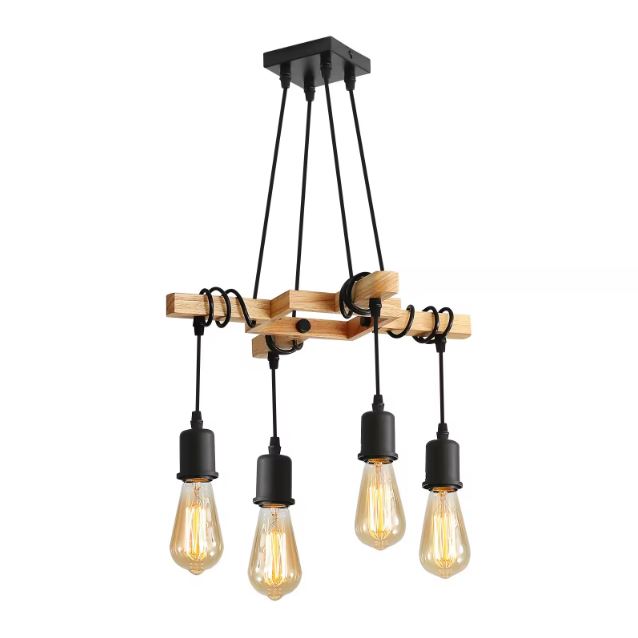 Suspension industrielle bois à 4 ampoules, parfaite pour un intérieur vintage, atelier moderne ou déco brute et chaleureuse.