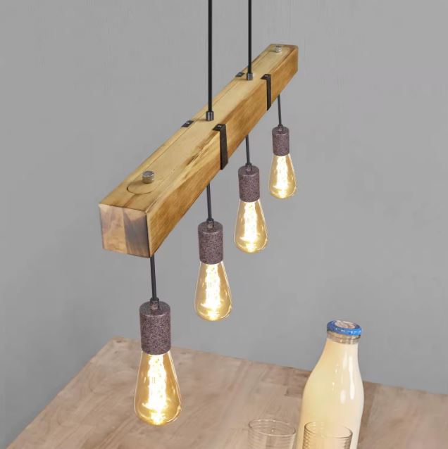 Suspension industrielle en bois à 4 lampes avec poutre massive, ampoules Edison et style loft vintage authentique