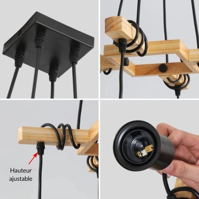 Zoom sur les détails techniques de la suspension industrielle en bois avec hauteur ajustable, finitions soignées et douille E27 robuste.