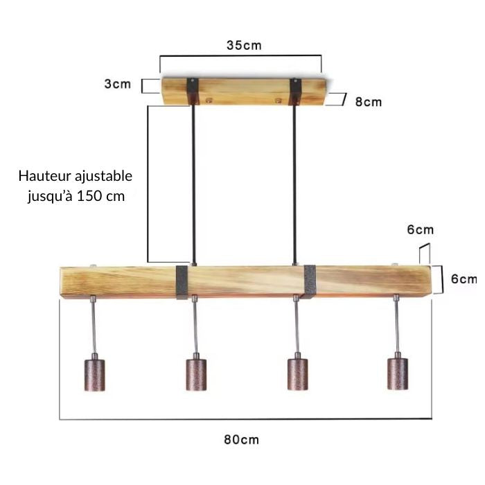 Dimensions de la suspension industrielle en bois avec câble réglable jusqu'à 150 cm et poutre en bois massif style loft