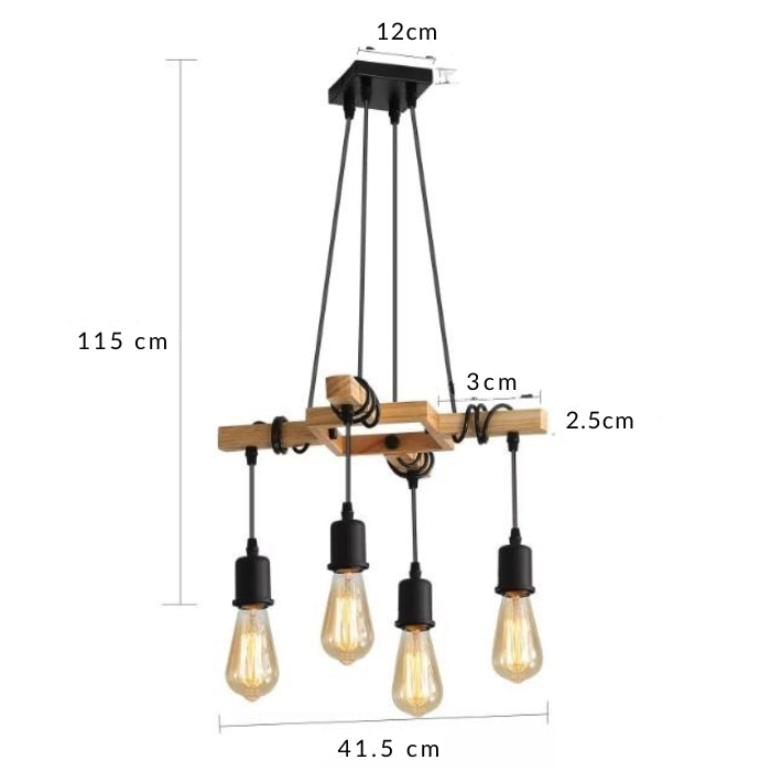 Dimensions détaillées de la suspension industrielle en bois à 4 lampes avec hauteur réglable, idéale pour plafonds standards.