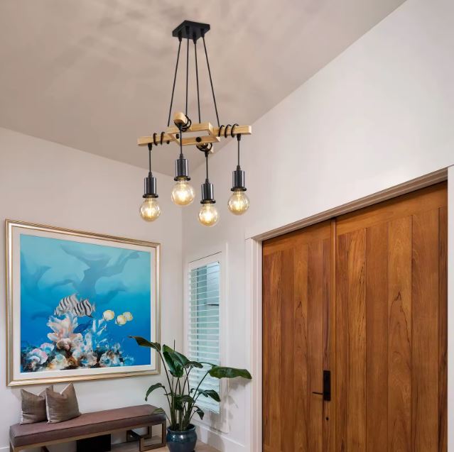 Suspension industrielle bois dans une entrée moderne, parfaite pour créer un accueil chaleureux avec une touche contemporaine et brute.