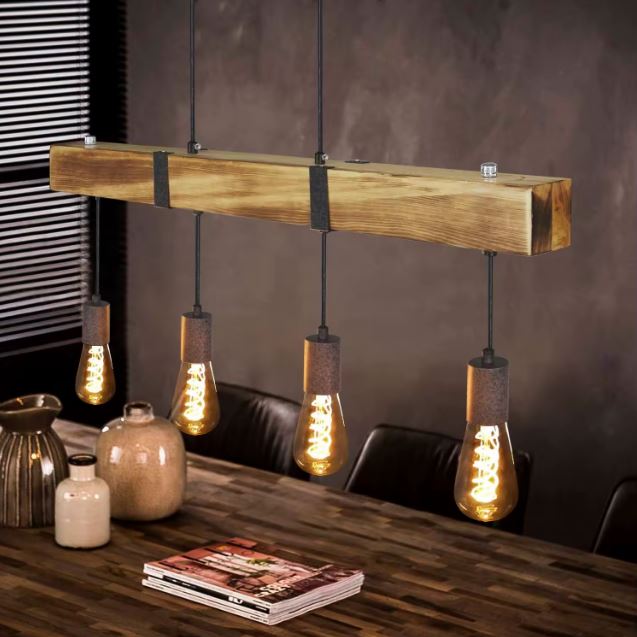 Suspension industrielle en bois avec poutre massive, douilles effet rouillé et ampoules Edison style loft vintage