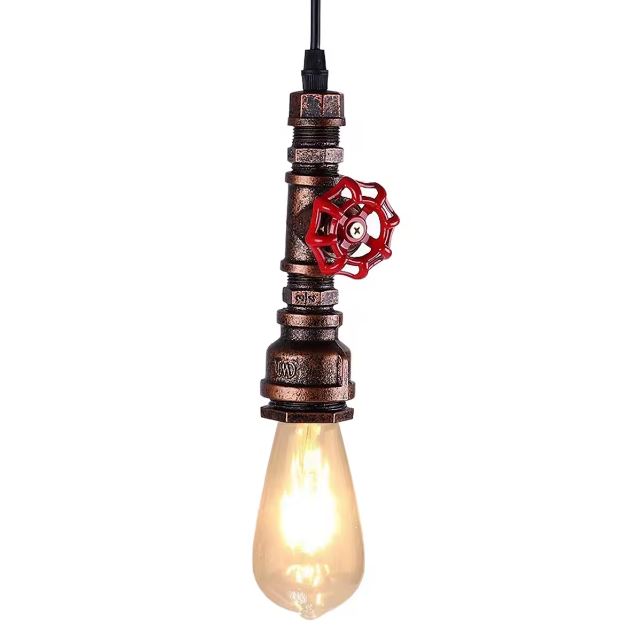 Suspension industrielle style tuyau avec robinet rouge, design vintage, idéale pour un éclairage rustique ou loft moderne