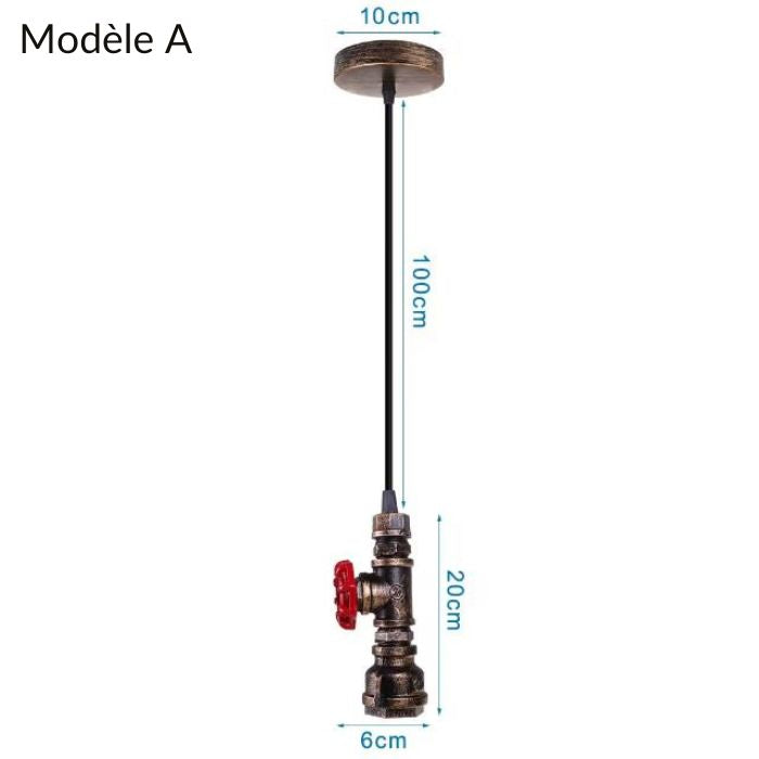 Suspension industrielle tuyau modèle A avec hauteur de 20 cm, design brut et robuste pour un éclairage rétro.