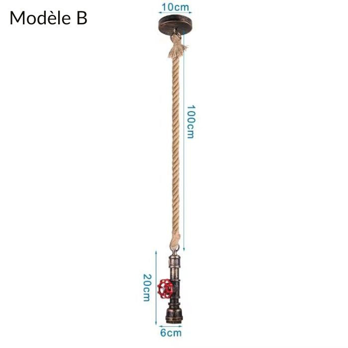 Suspension industrielle tuyau modèle B avec corde ajustable jusqu'à 100 cm, style vintage rustique pour une décoration industrielle unique.