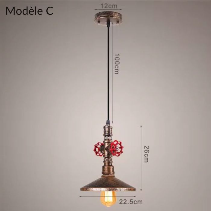 Suspension industrielle tuyau modèle C avec abat-jour de 22 cm, design rétro et industriel idéal pour la décoration intérieure.