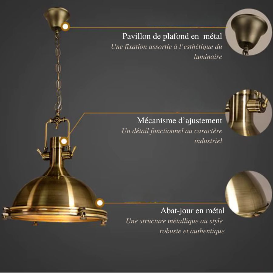 Schéma d’une suspension vintage en métal montrant chaîne, mécanisme d’ajustement et abat-jour esprit atelier