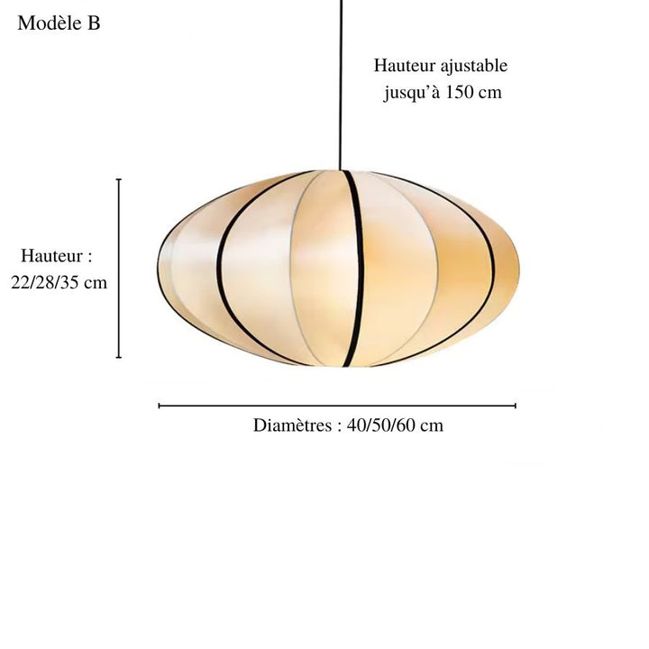 Dimensions de la suspension japonaise ovale modèle B, au design organique et aux lignes noires, disponible en trois tailles.