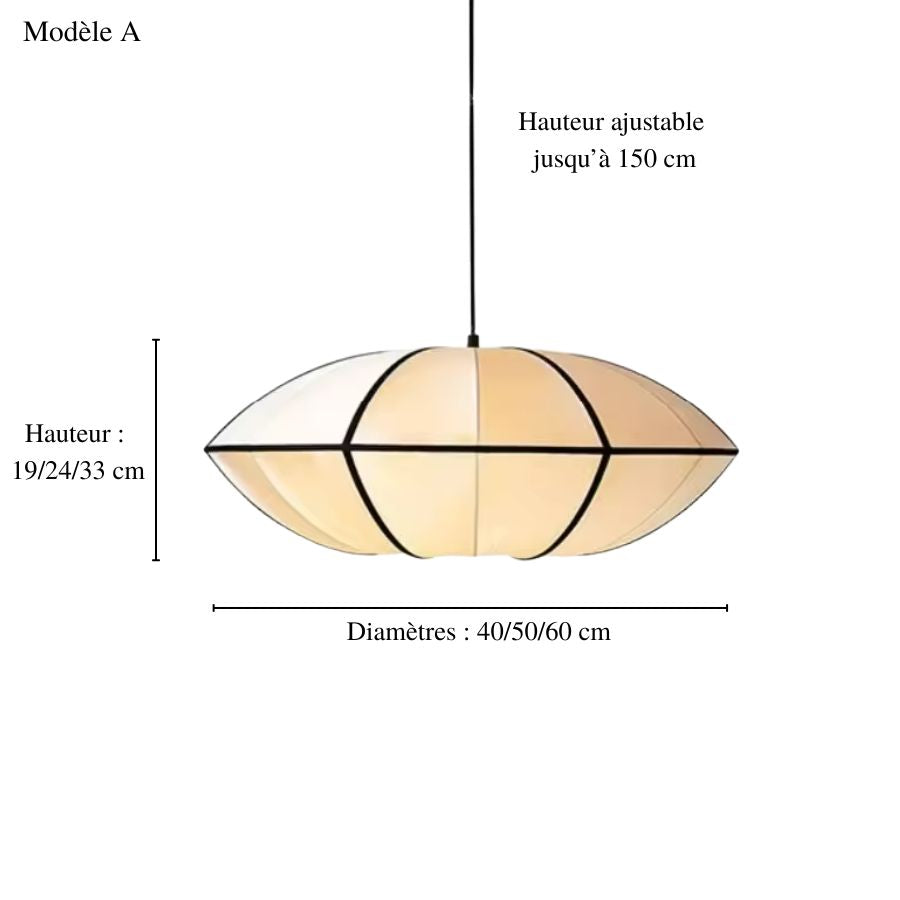Schéma des dimensions du modèle A, une suspension japonaise aplatie aux contours noirs et à l'esthétique minimaliste.