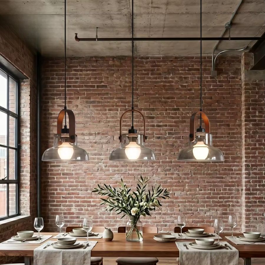 Trois suspensions lanterne en bois et verre soufflé éclairent une salle à manger au style industriel chaleureux