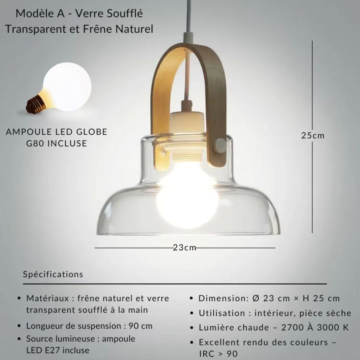 Modèle en frêne naturel et verre soufflé transparent avec ampoule globe, aux lignes chaleureuses et artisanales