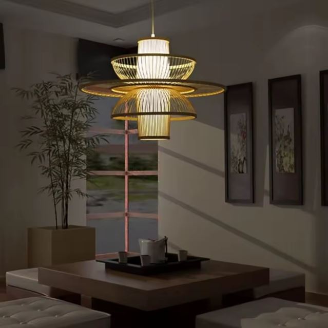 Suspension lanterne japonaise éclairant un coin salon en soirée, parfaite pour une ambiance tamisée d’inspiration asiatique.