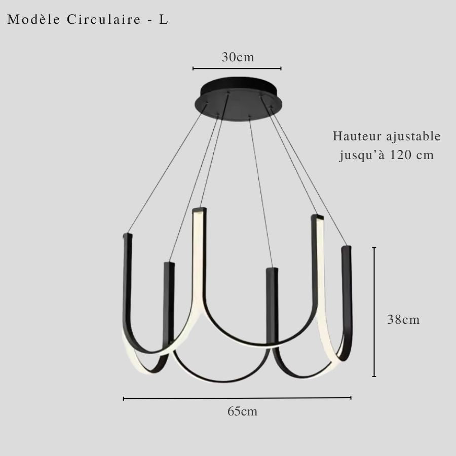 Version circulaire 65 cm de la suspension LED noire, avec arceaux lumineux au style épuré et contemporain