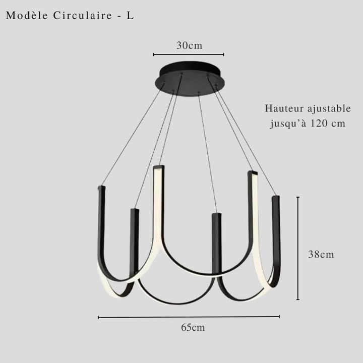 Version circulaire 65 cm de la suspension LED noire, avec arceaux lumineux au style épuré et contemporain