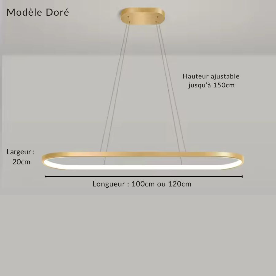 Finition dorée pour cet anneau LED rectangulaire aux lignes épurées, proposé en 100 et 120 cm