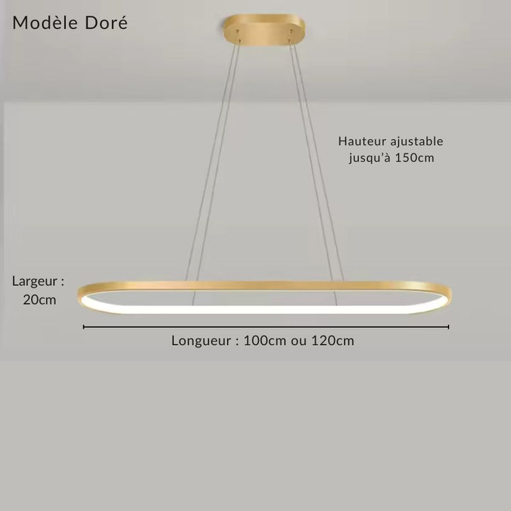 Finition dorée pour cet anneau LED rectangulaire aux lignes épurées, proposé en 100 et 120 cm