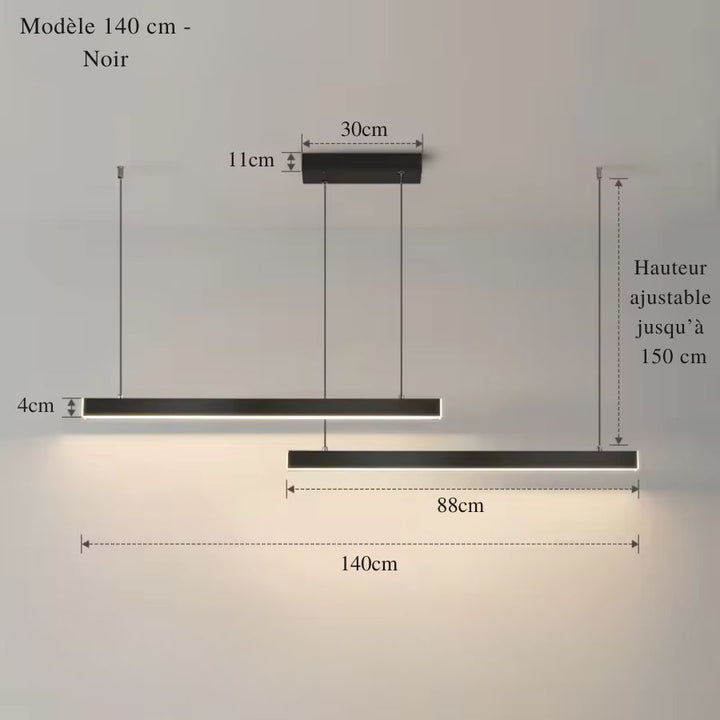 Version noire de 140 cm au design linéaire, avec double barre LED décalée et câbles ajustables