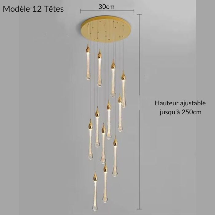 Suspension LED goutte dorée à 12 lumières, hauteur réglable jusqu’à 250 cm, idéale pour escalier, entrée ou plafond cathédrale.