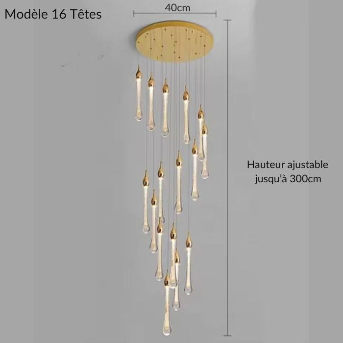 Suspension LED goutte design avec 16 lumières dorées, hauteur réglable jusqu’à 300 cm, parfaite pour escaliers ou plafonds hauts.