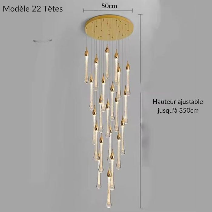 Grande suspension LED goutte à 22 lumières dorées, hauteur réglable jusqu’à 350 cm, idéale pour cage d’escalier ou plafond cathédrale.