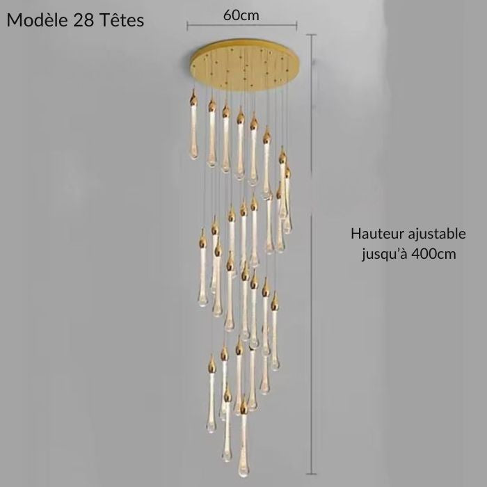 Suspension goutte à 28 lumières LED dorées, diamètre 60 cm et hauteur jusqu’à 400 cm, idéale pour escalier ou plafond très haut.