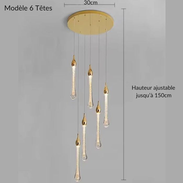 Suspension LED goutte dorée à 6 têtes, hauteur réglable jusqu’à 150 cm, idéale pour chambre ou petite cage d’escalier.