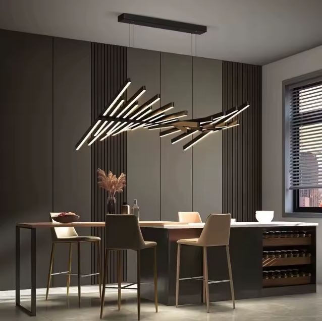 Suspension LED graphique noire pour îlot, style architectural, moderne et contemporain.