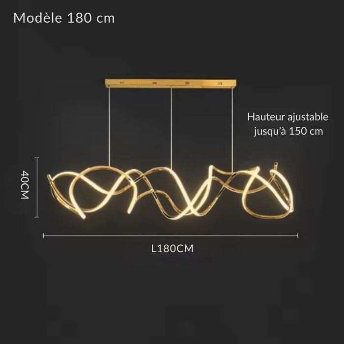 Suspension LED design de 180 cm aux courbes ondulantes entrelacées, silhouette contemporaine longue et aérienne.